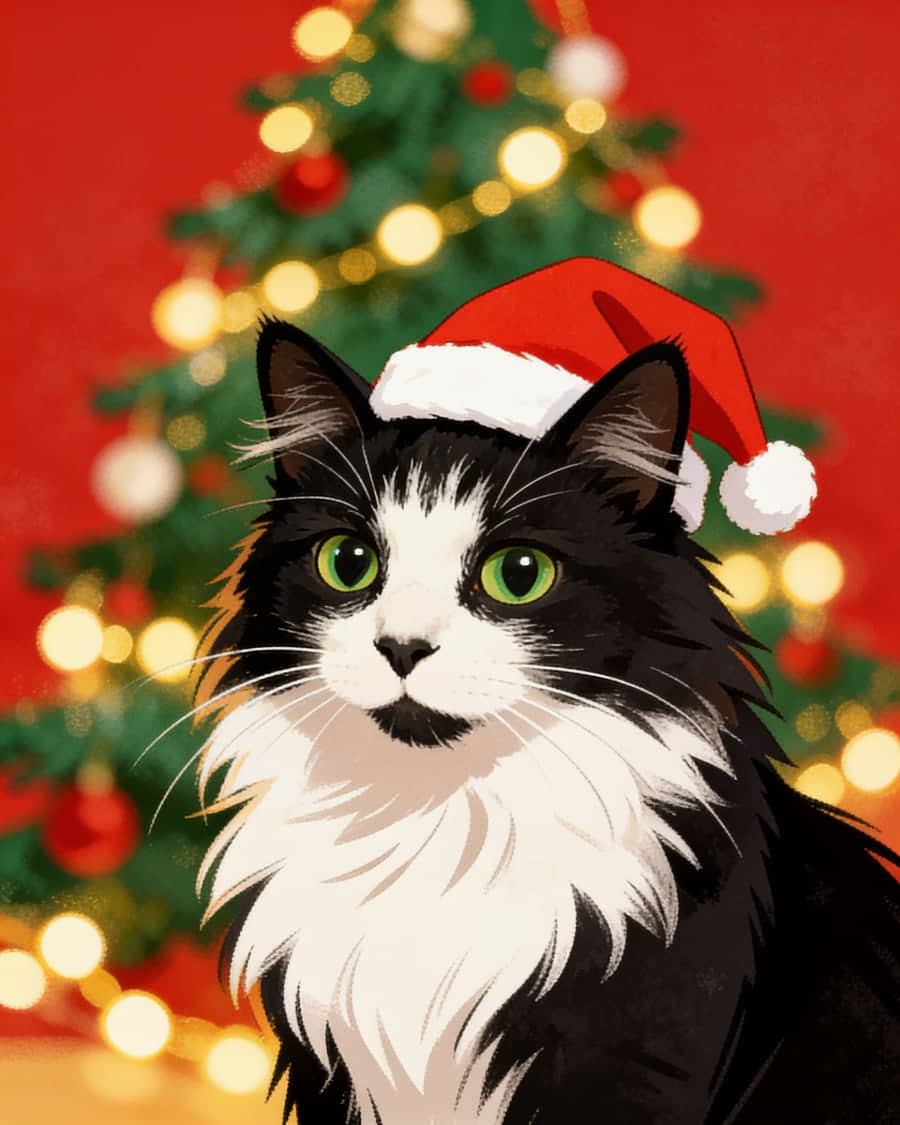 Tuxedo cat as a christmas AI pet portrait