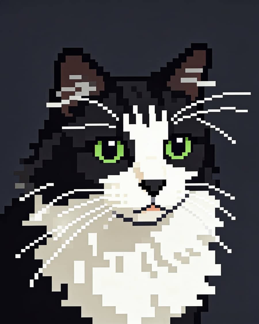 Tuxedo cat as a pixel AI pet portrait