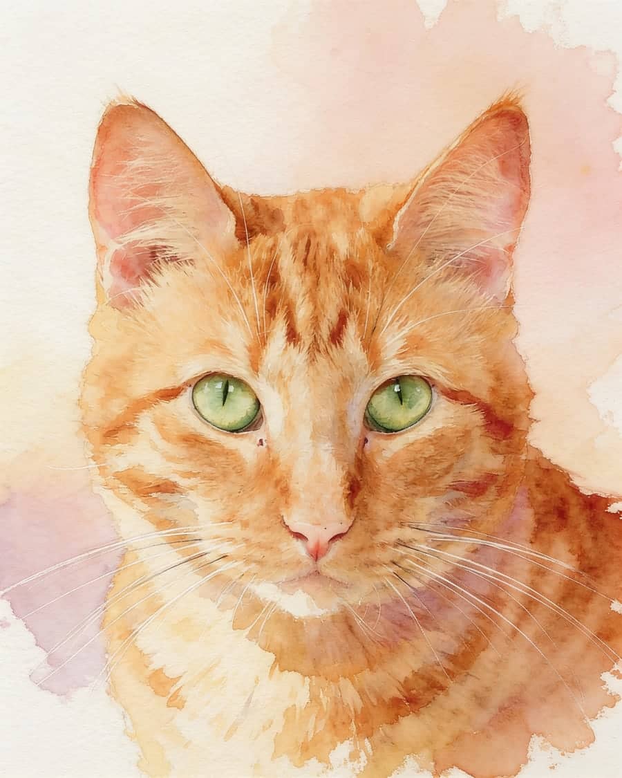 Orange tabby cat as a watercolor AI pet portrait