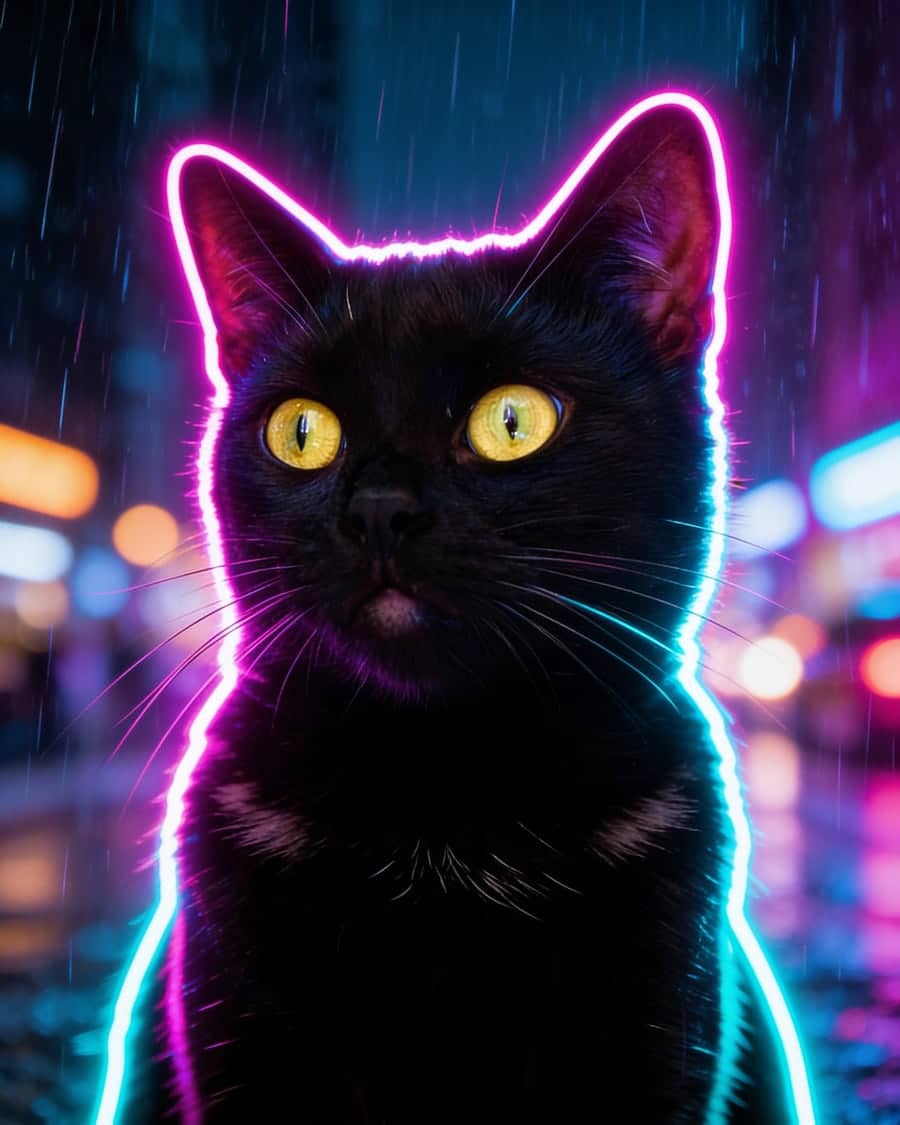 Black cat as a cyberpunk AI pet portrait